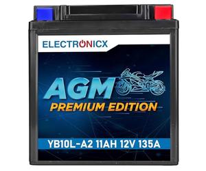 Electronicx, batterie moto AGM YB10L-A2 12V 11Ah - batterie de démarrage scellée sans entretien, technologie AGM 135A CCA - scooter, ATV - compacte, résistante aux vibrations, prête à l’emploi.