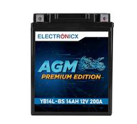 Electronicx, batterie moto AGM YB14L-BS 12V 14Ah 200A - sans entretien, scellée, compacte & robuste. Batterie de démarrage haute performance pour moto, quad, scooter, ATV, motoneige.