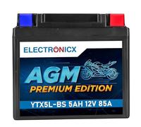 Electronicx batterie moto AGM YTX5L-BS 12V 5Ah 85A - batterie de démarrage sans entretien, scellée, étanche et résistante aux vibrations - compacte - convient pour moto, scooter, quad et ATV.
