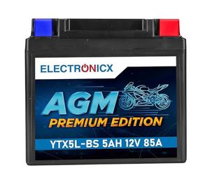 Electronicx batterie moto AGM YTX5L-BS 12V 5Ah 85A - batterie de démarrage sans entretien, scellée, étanche et résistante aux vibrations - compacte - convient pour moto, scooter, quad et ATV.
