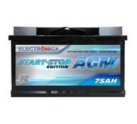 Electronicx Batterie Voiture AGM 75Ah 12V - 75 ah sans entretien, scellée, compatible Start-Stop, batterie de démarrage haute performance 750A EN, compacte, fiable, sécurisée