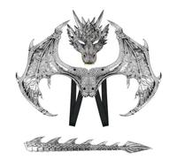 Elegabrillia 3 Pièces Costume Dragon Enfant Masque Ailes Queue Accessoires Cosplay Enfant Texture Écaille avec Sangles Élastiques et Ouvertures des Yeux, Argent, Taille Unique
