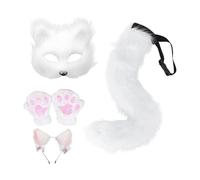 Elegabrillia Ensemble de Déguisement avec Serre-tête, Queue en Peluche, Pattes sans Doigts, Gants et Masque, Le Tout Confectionné dans Une Peluche Douce et Confort, Blanc