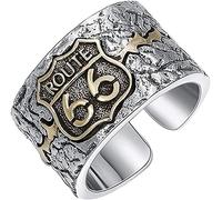 ELEGAM Bague Feng Shui Mantra, Bague Fantaisie, Deux Tons en Argent Sterling Iconic American Highway Route 66 Sign Ring Band Ring Punk Bijoux Ouvert et Réglable