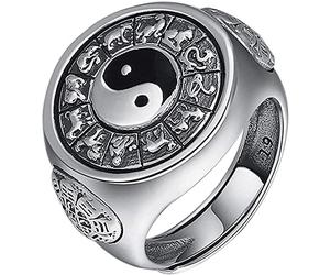 ELEGAM Bague Feng Shui Mantra, Bague Fantaisie, émail Vintage en Argent Sterling Ancien Symbole Chinois Yin Yang Spinner Ring avec 12 Signes du Zodiaque Chinois for Homme Femme Ouvert et réglable
