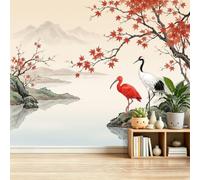 Élégance Orientale Papier Peint Panoramique, 150 x 105 cm | Décoration Murale Lavis D'Encre Montagnes Lac Grue Du Japon Format, Murales Papier Peint Intissé pour Chambre Salon