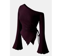 Elegant Asymmetrical Hem Flared Sleeve Off-Shoulder T-Shirt with Drawstring Detail in Rich Burgundy, Perfect for Halloween and Beyond