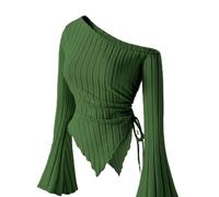 Elegant Asymmetrical Hem Flared Sleeve Off-Shoulder T-Shirt with Drawstring Detail in Rich Burgundy, Perfect for Halloween and Beyond