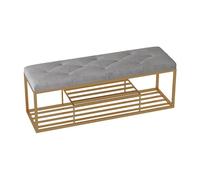 Élégant banc à chaussures en velours avec coussin et rangement - Cadre en métal doré - Étagère à chaussures compacte - Miroir élégant - Parfait pour couloir, salon et chambre à coucher