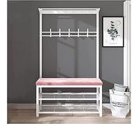 Élégant banc d'entrée 3 en 1 avec porte-manteau et rangement à chaussures, coussin en velours rose, assemblage facile, arbre d'entrée de 99,1 cm avec crochets pour décoration d'intérieur
