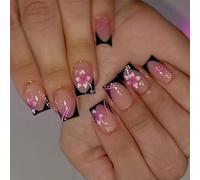 Elegant Black Red Flower Nails Art Stickers Press Sur Application Rapide 24pcs Ongles Quotidiens French Red Floral Press On