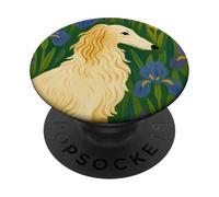 Élégant Borzoï avec Fleurs d'iris pour Amoureux des Chiens Art Floral PopSockets PopGrip Adhésif