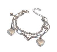 Élégant bracelet en alliage robuste double couche avec pendentif en forme de cœur et pompons - Accessoire de fête - Chaîne épaisse, taille unique, Comme décrit