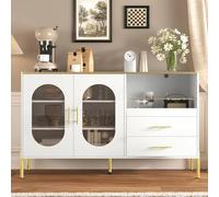 Élégant buffet avec 2 tiroirs et 2 portes en verre, commode moderne blanche avec accents dorés, grand espace de rangement, pour salon, salle à manger, couloir