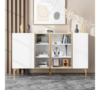 Elégant Buffet de Salle à Manger Blanc à 4 Portes, Armoires Verre et métal, Commoddesign Moderne, sans poignée, Grand Espace de Rangement, Buffet de Salle à Manger (150 L x 38 B x 85 H)