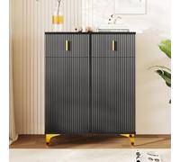 Élégant buffet/meuble à chaussures avec panneaux structurés, étagères réglables, portes push-to-open et détails dorés, 2 tiroirs 83 x 35 x 101 cm - Noir