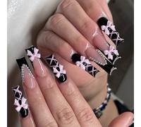 Élégant Cercueil Long Faux Nails Finales Brillantes Black Press On With Bows Decors Fase Pour Les Femmes À La Mode