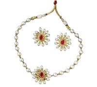 Élégant collier de perles avec pierres rouges rubis, motif floral plaqué or, bijoux de mariage de style indien traditionnel avec boucles d'oreilles assorties