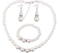 Élégant Collier de Perles Faux Plaqué Argent avec Crochet, Boucles D'oreilles, Bracelet, Bijoux de