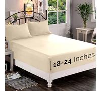 Elegant Comfort 1500 Premium Quality Fitted Sheet Ultra Soft 18-24 inch Extra Deep Pocket - Single Fitted Sheet for High Mattress - Wrinkle Free with Smart Storage Pockets, Queen, Cream