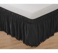 Elegant Comfort Jupe de lit élastique infroissable à franges à pompons avec nœud sur le dessus - Hauteur de 40,6 cm - Grand lit/très grand lit - Noir