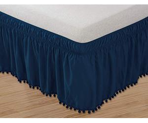 Elegant Comfort Pom-Pom-Cache-sommier élastique Infroissable avec nœud sur Le Dessus et Franges à Pompons pour Grand lit/très Grand lit, Bleu Marine