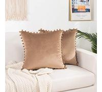 Elegant Comfort POMS Lot de 2 Housses de Coussin carrées décoratives en Velours Doux de Couleur Unie avec Franges pour canapé-lit, Salon - 45,7 x 45,7 cm - Taupe