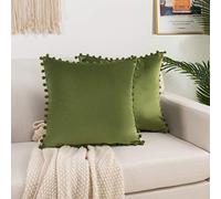 Elegant Comfort POMS Lot de 2 Housses de Coussin carrées décoratives en Velours Doux de Couleur Unie avec Franges pour canapé-lit, Salon 45,7 x 45,7 cm, Sauge/Vert