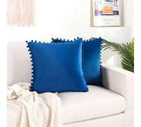 Elegant Comfort POMS Lot de 2 Housses de Coussin carrées décoratives en Velours Doux de Couleur Unie avec Franges pour canapé-lit, Salon 45,7 x 45,7 cm, Bleu Roi