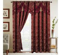Elegant Comfort Rideaux en Jacquard avec cantonnière Cascade fixée, Lot de 2 Panneaux, 137 x 213 cm, Motif Feuilles, Bordeaux/doré