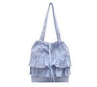 Élégant costume à volants plaids toile sac à bandoulière femmes sac en coton à carreaux spacieux intérieur porte-aisselles pour étudiants et sac en toile pratique professionnel, bleu