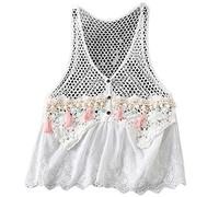 Élégant crochet à pompons - Camisole d'été vintage ajourée pour débardeur streetwear coréen pour jeune fille - Crochet d'été pour femme - Col en V avec pampilles - Coupe ajustée - Chemises