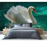 Élégant cygne blanc dans une fresque murale turquoise - Décoration murale gracieuse représentant un oiseau aquatique pour la chambre, papier peint serein représentant un oiseau aquatique 280x200cm