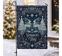 Élégant drapeau de jardin de Noël Motif renne Saison de joie 30,5 x 45,7 cm | Double renne, drapeau de cour, pins de vacances, détails flocon de neige, décoration de jardin d'hiver