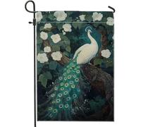 Élégant drapeau de jardin en toile de jute avec motif de paon blanc, bannière florale vive pour décoration de pelouse extérieure, 30,5 x 45,7 cm