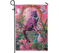 Élégant drapeau de jardin léopard pêche, décoration d'animaux sauvages avec oiseaux, décoration rétro de printemps et d'été, décoration de maison en plein air, double drapeau de cour