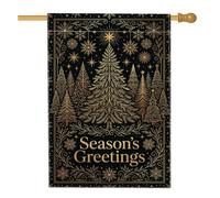 Élégant drapeau de Noël doré 71 x 101 cm | Accents métalliques dorés, drapeau de pelouse, illustration de forêt de pins, thème du pays des merveilles d'hiver