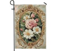 Élégant drapeau floral de jardin, roses de pêche et fleurs blanches, bannière de printemps double face en toile de jute, décoration de pelouse de maison 30,5 x 45,7 cm