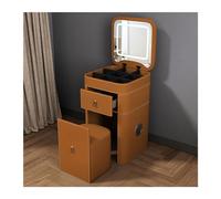 Élégant ensemble de coiffeuse pour petits espaces en cuir avec miroir éclairé réglable, tabouret rembourré, bureau de maquillage avec miroir, parfait pour les pièces compactes