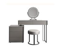 Élégant ensemble de maquillage moderne gris avec miroir, armoire latérale télescopique et tabouret - Coiffeuse élégante pour chambre à coucher, station de maquillage simple parfaite (80)