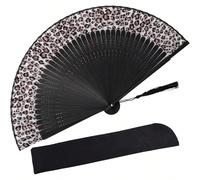 Élégant éventail pliant à imprimé léopard avec cadre noir - thème de princesse à la mode, ventilateur portable léger pour dames Éventail thème princesse Ventilateur léger 1 pièceABS