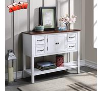 Elegant Farmhouse Buffet en bois massif épais avec porte, tiroirs de rangement, étagère inférieure, table console d'appoint rustique de 109 cm, meuble de service pour entrée/cuisine (marron)