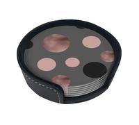 Élégant Faux Rose doré Blush Rose Cercles Noirs,Lot de 6 Dessous de Verre Ronds en Cuir synthétique avec Support pour la Maison, Le Bureau et la Cuisine