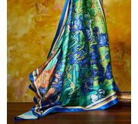 Élégant foulard soyeux doux en satin, grand 70*70 cm, œuvre florale bleue des Iris de Van Gogh. Convient pour les cadeaux, les sorties et les voyages, le charme du dos, les tenues d'été et de printemp