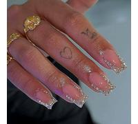 Élégant français Conseils Presse Sur Ongles Strass Détails Forme Carré Faux Ongles Set Office Wear Nails pour Filles 24 Pièces