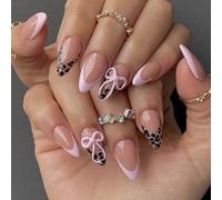 Élégant French Tip Presses sur les ongles avec nœuds imprimés léopard et jolis motifs pastels imprimés léopards artificiels