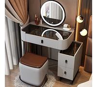 Elegant ge Vanity de maquillage avec miroir éclairé à LED et plateau en verre trempé 3 tiroirs et tabouret de rangement - 3 modes d'éclairage réglables pour les petits espaces