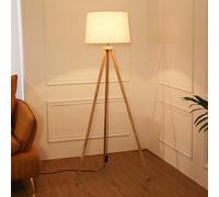 Élégant lampadaire trépied en bois massif - Lampe sur pied moderne à intensité variable avec douille E27 et abat-jour en tissu 3 températures de couleur - Parfait pour le salon et la chambre à coucher