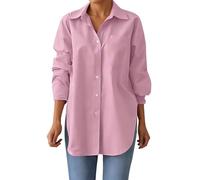 Élégant Langarmbluse mit Umlegekragen, Einfarbig, Oversize-Schnitt mit Schlitzsaum, lässiges Arbeitshemd für Die Freizeit., rose, S
