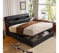 Élégant lit capitonné 140 x 200 cm, lit hydraulique, plateau de tête de lit dissimulé, plateau de rangement de tiroir, en polyuréthane, avec sommier à lattes et tête de lit, sans matelas, noir